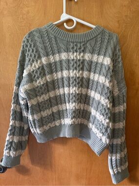 Jessica Simpson Sage Green and Cream Cable Knit Stripe Sweater